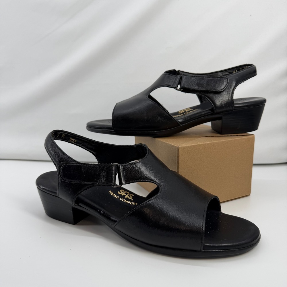SAS Tripad Comfort Womens 11 M Black Leather Slingback Block Heel Sandals USA
